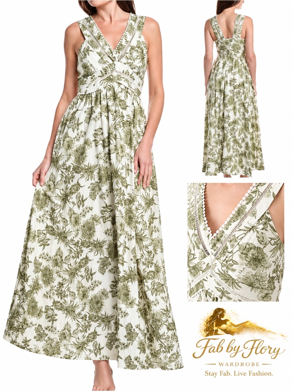 Taylor Green & White Botanical Floral Linen-Blend Empire Maxi Dress Size 12